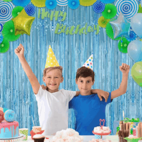 Çocuk Açık Mavi Renk Ekstra Metalize Parlak Saçaklı Arka Fon Perde İthal A Kalite 1x2 Metre