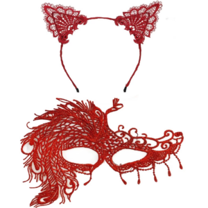 Eğitici Çocuk Alevin Zarafeti Kırmızı Dantel Maske ve Taç Seti 4 No – Kadın Kostüm Tamamlayıcı