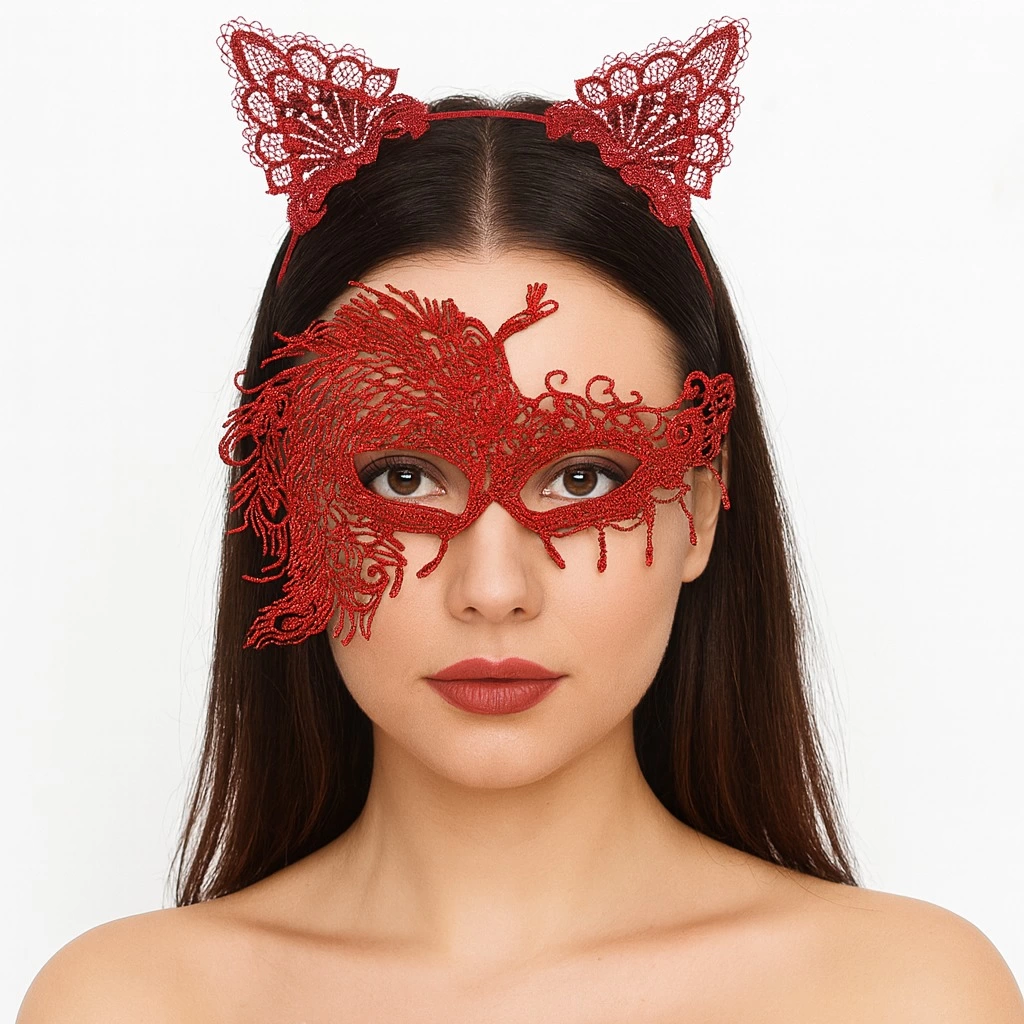 Eğitici Çocuk Alevin Zarafeti Kırmızı Dantel Maske ve Taç Seti 4 No – Kadın Kostüm Tamamlayıcı - Görsel 2