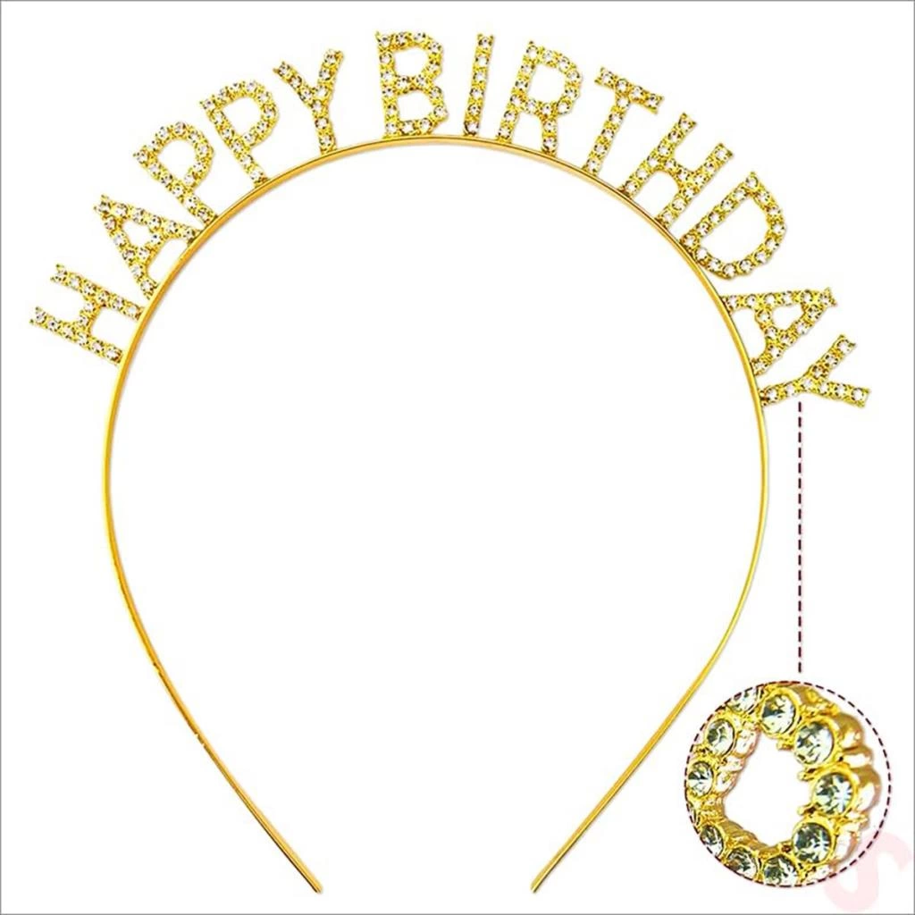 Çocuk Altın Gold Renk Kristal Taşlı Parlak Happy Birthday Taç 16x17 cm - Görsel 2