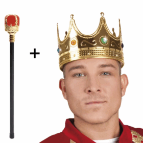 Çocuk AltınRenk60cmKralTacıKraliyetTacıveKırmızıTopuzluKralAsasıSeti