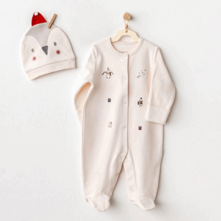 Çocuk Andywawa AC25343 Penguin Bebek Tulum Takım Ekru