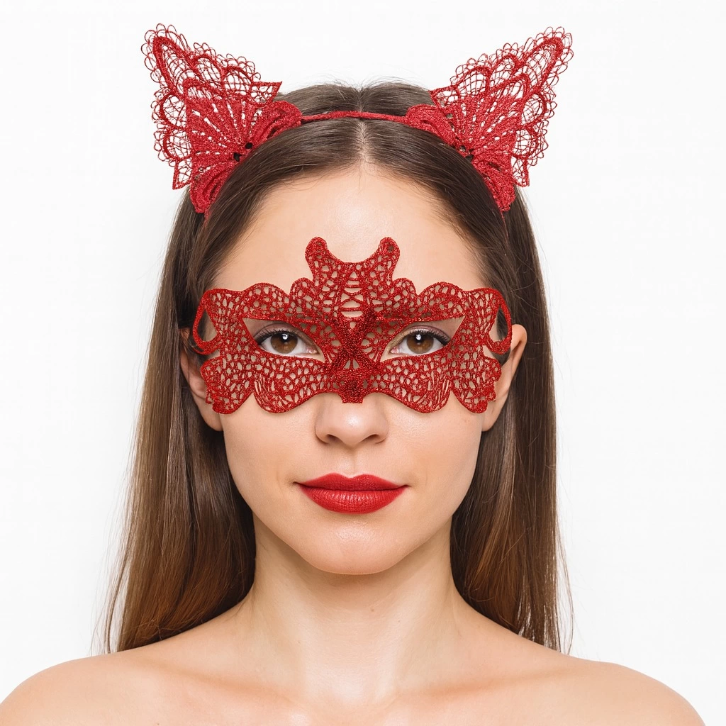 Eğitici Çocuk Ateş Kırmızısı Dantel Taç ve Maske Seti 10 No - Maskeli Balo & Özel Gün Seti - Görsel 2