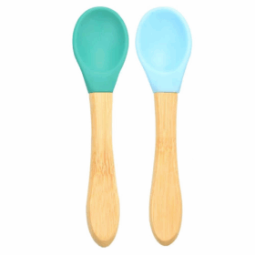 Çocuk Bambu Saplı Silikon Mama Kaşığı 2li Yeşil Mavi