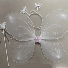 Çocuk Beyaz Renk Kelebek Kanadı Tacı ve Sopası 50x37 cm