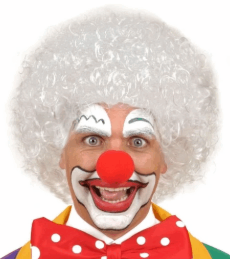 Çocuk Beyaz Renk Kıvırcık Afro Bonus Peruk Saç ve Kırmızı Sünger Burun Seti
