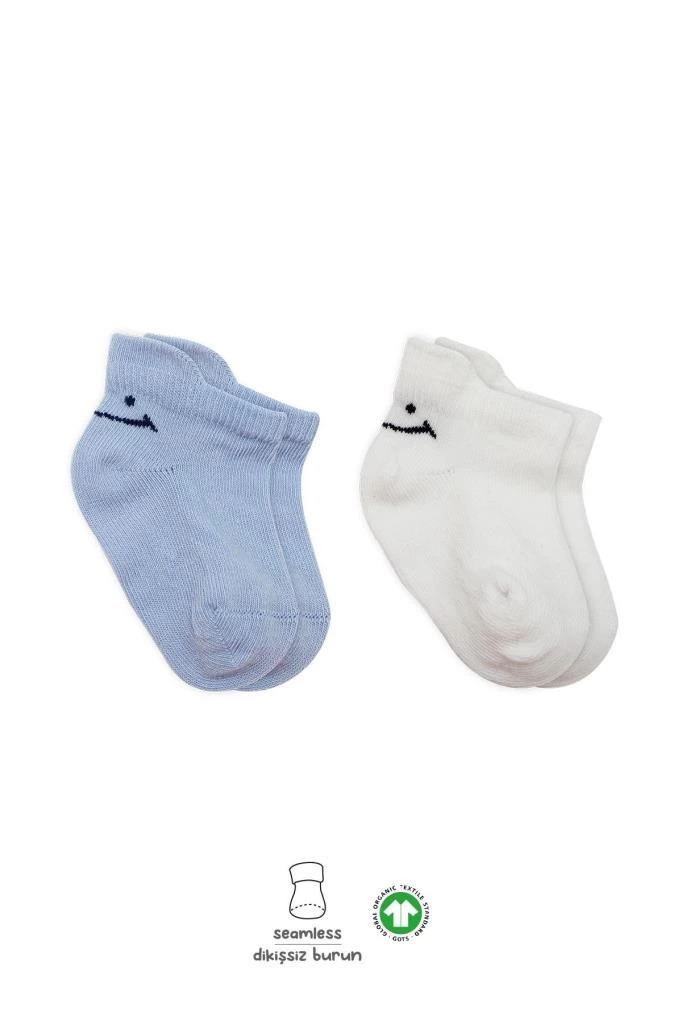 2'li Sneakers Smile Penye Çorap Mavi Ekru Günlük Kullanım İçin Esnek Çorap