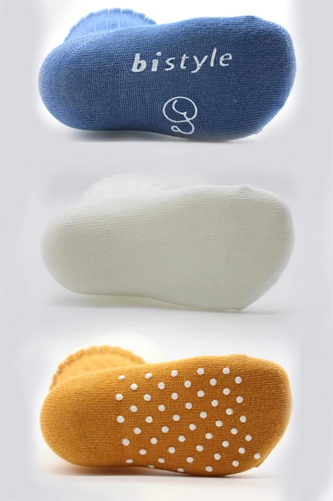 Çocuk Bistyle Basic Kaymaz Penye Soket Çorap 3'Lü BS10106 İndigo Ekru Hardal - Görsel 3