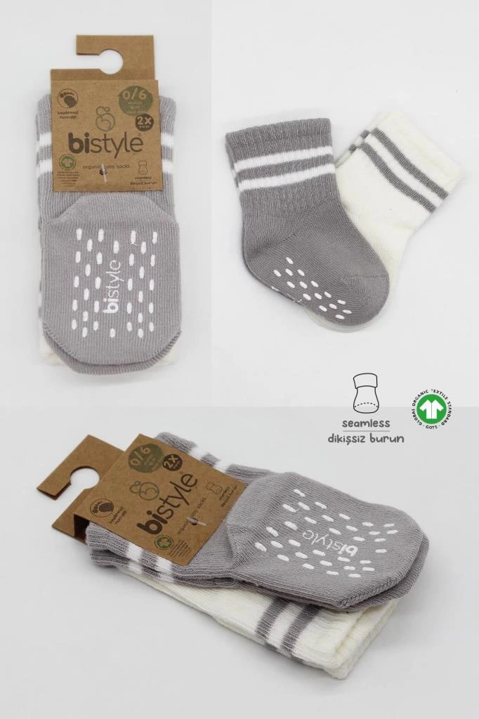 Çocuk Bistyle Çemberli Kaymaz Soket Çorap 2'Li BS10125 Gri Ekru - Görsel 5