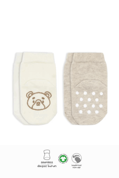 Hayvan Figürlü Kaymaz Soket Çorap 2’li Bej Ekru, Rahat ve Esnek Kullanım İçin