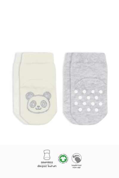 Hayvan Figürlü Kaymaz Soket Çorap 2’li Gri Ekru, Sevimli ve Konforlu