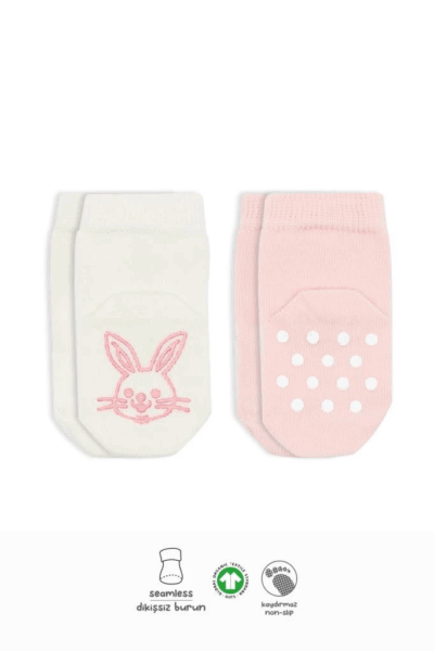 Hayvan Figürlü Kaymaz Soket Çorap 2’li Pembe Ekru, Kaydırmaz ve Yumuşak