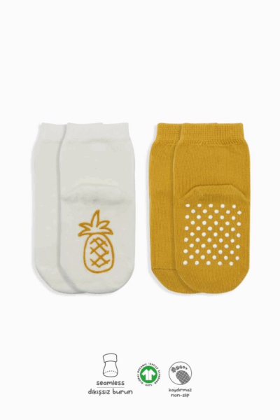 Çocuk Bistyle Meyve Figürlü Kaymaz Soket Çorap 2'Li BS10105 Ekru Hardal