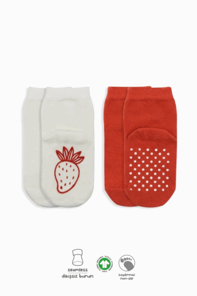 Meyve Figürlü Kaymaz Soket Çorap 2’li Kırmızı Ekru, Eğlenceli ve Şık