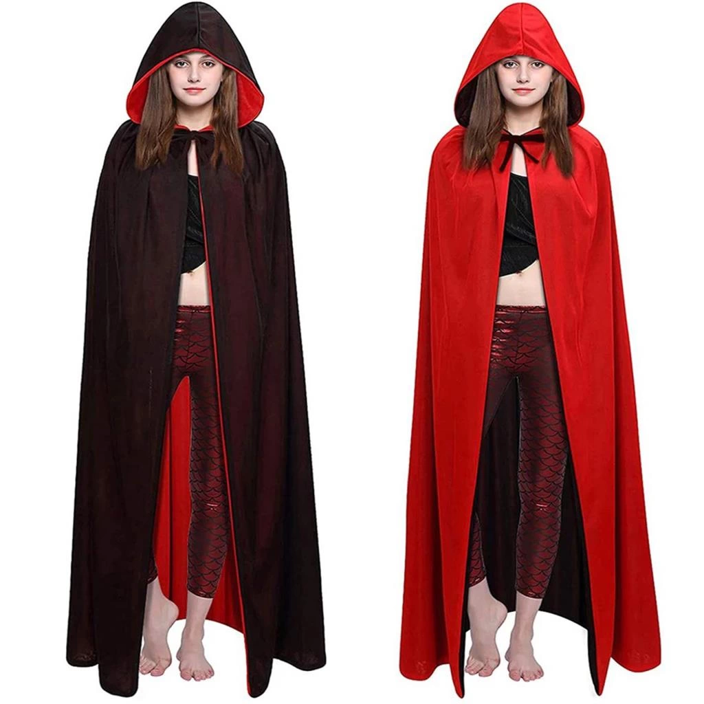 Çocuk Çift Taraflı Kullanılabilir Siyah Kırmızı Kapişonlu Pelerin 140 cm Yetişkin - Görsel 3