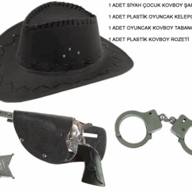 Çocuk   Çocuk Boy Siyah Kovboy Şapka Tabanca Rozet ve Kelepçe Seti 4 Parça