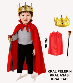 Eğitici Çocuk Çocuk Kral Kostüm Seti – Kırmızı Pelerin, Taç ve Asa (90 cm)