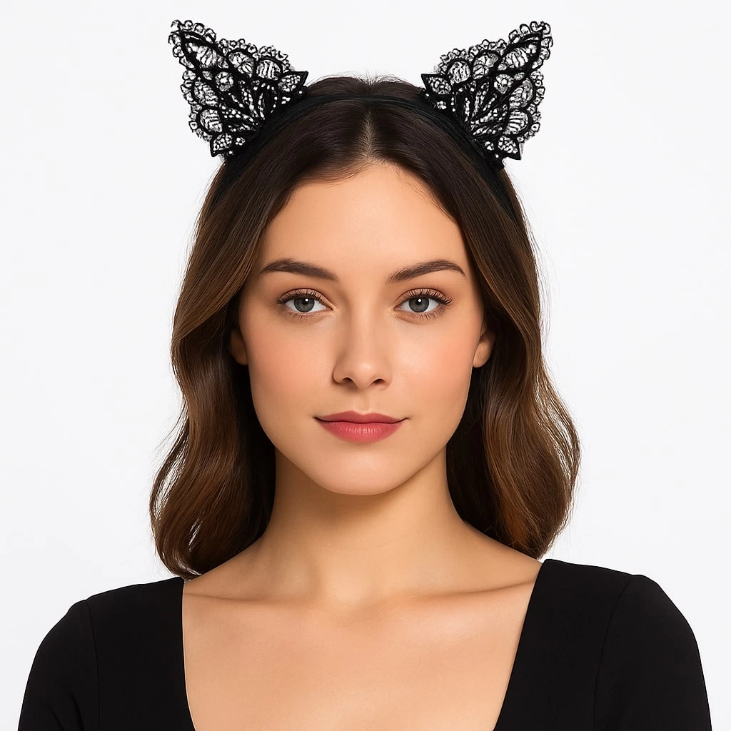 Eğitici Çocuk Dantelli Siyah Kedi Tacı - Vintage Tarz Dantel Kedi Kulak - Görsel 2