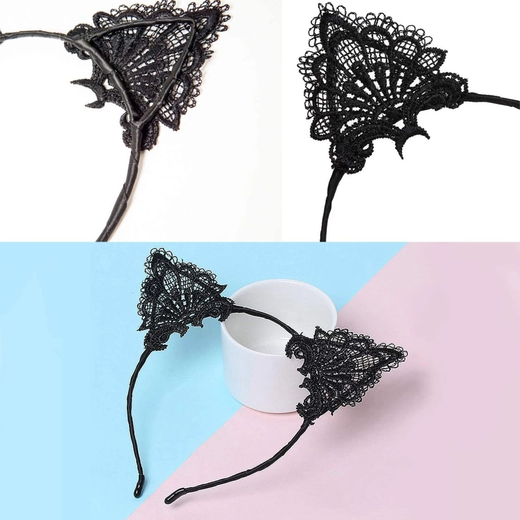 Eğitici Çocuk Dantelli Siyah Kedi Tacı - Vintage Tarz Dantel Kedi Kulak - Görsel 5