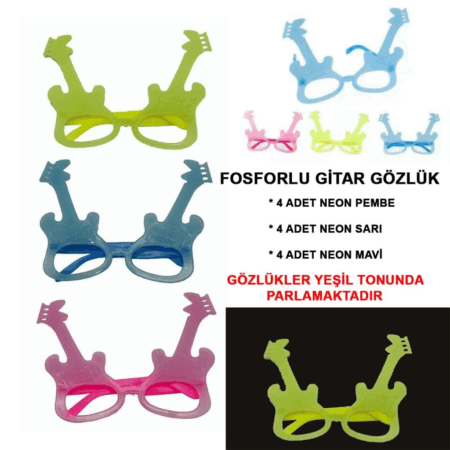 Çocuk Fosforlu Gitar Model Glow Parti Gözlüğü Karanlıkta Yanan Gözlükler 12 Adet