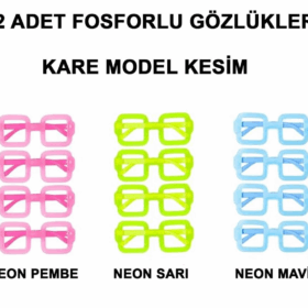   Fosforlu Kare Model Glow Parti Gözlüğü Karanlıkta Yanan Gözlükler 12 Adet
