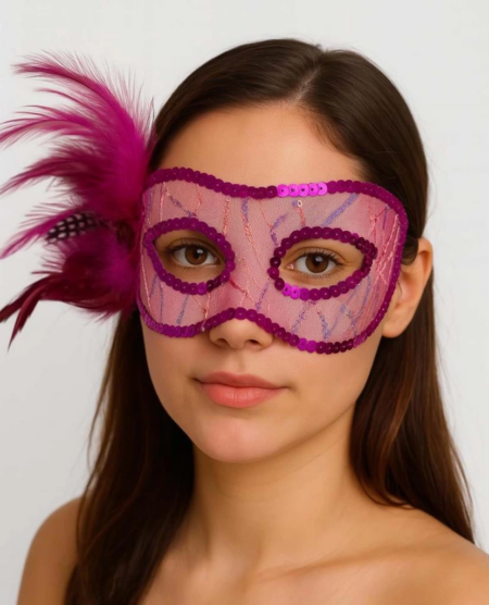 Eğitici Oyuncak Fuşya Renk Yandan Tüylü Pul Payet İşlemeli Parti Maskesi 23x12 cm
