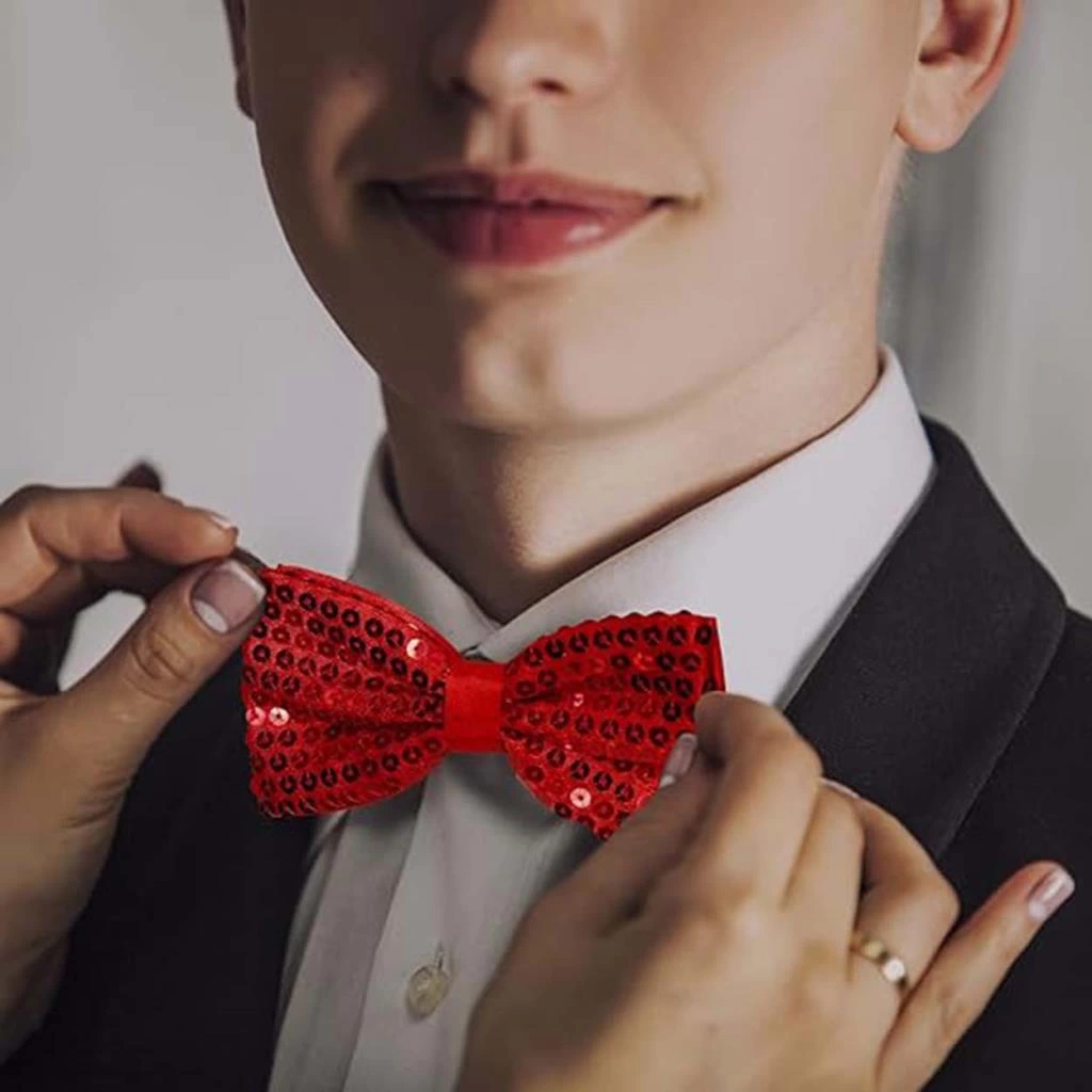 Gece Işıltısı Kırmızı Payetli Pullu Papyon Parlak Tasarım Eğlenceli Parti Aksesuarı - Görsel 5