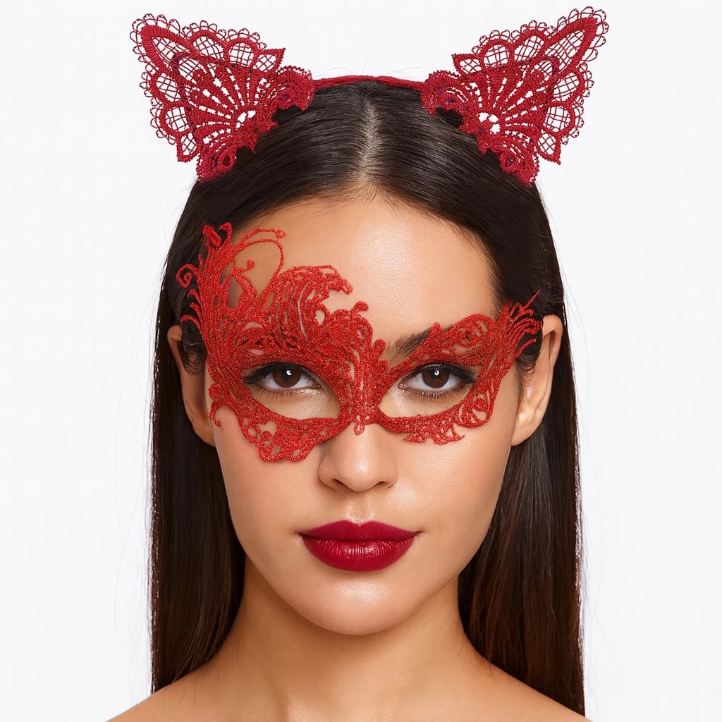 Eğitici Çocuk Gizemli Kırmızı Dantel Maske ve Taç Seti 1 No - Kostüm Seti - Görsel 2