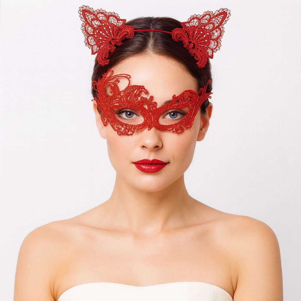 Eğitici Çocuk Gizemli Kırmızı Dantel Maske ve Taç Seti 1 No - Kostüm Seti - Görsel 3