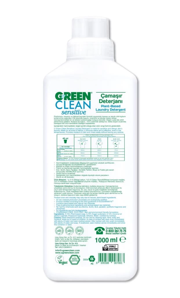 Green Clean Sensitive Parfümsüz Bitkisel Çamaşır Deterjanı 1000ml - Görsel 2