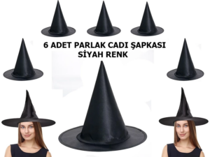 Eğitici Çocuk Halloween Siyah Renk Parlak Dralon Cadı Şapkası Yetişkin ve Çocuk Uyumlu 6 Adet