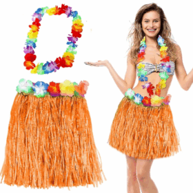Turuncu Püsküllü Hawaii Luau Etek Yetişkin ve Çocuk Uyumlu 40 cm