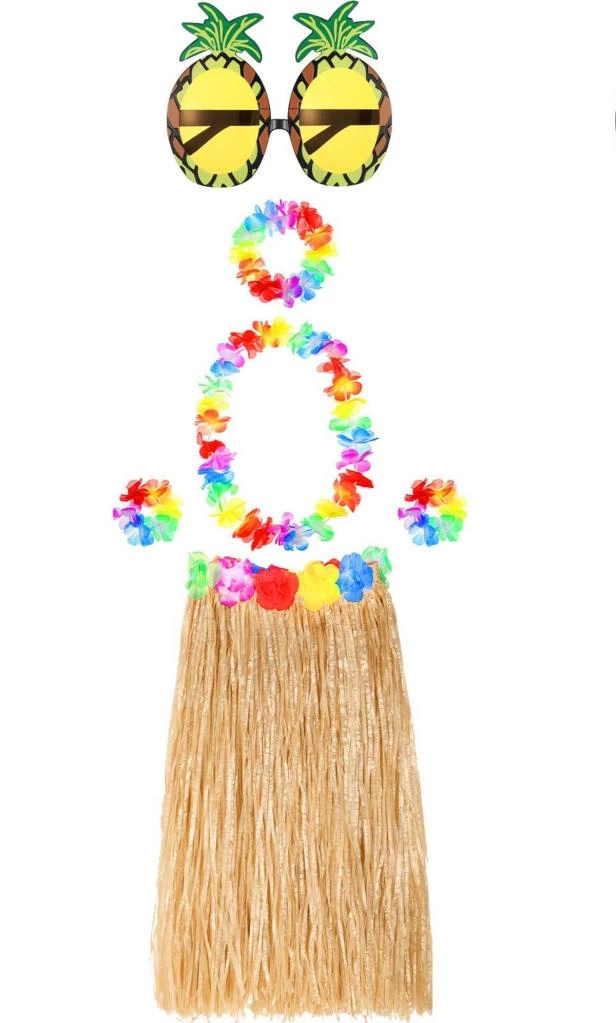 Hawaii Parti Kostüm Seti Hasır Etek, Çiçekli Aksesuarlar ve Ananas Gözlük - Görsel 2