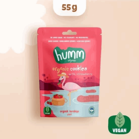 Humm Organik Vegan Çilekli Kurabiye 55 Gr, Sağlıklı ve Doğal Tatlar