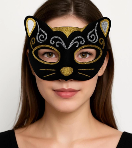 Eğitici Çocuk  Oyuncak Kadife Dokulu Sim Detaylı Işıltılı Kedi Maskesi Altın Gümüş 20x13 cm