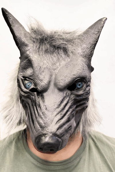 Çocuk Kafaya Tam Geçmeli Lateks Mavi Gözlü Dişli Ağzı Açık Kurt Maskesi