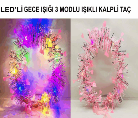 Kalp Püsküllü Gece Parıltısı 3 Modlu LED'li Işıklı Taç Pembe Renk
