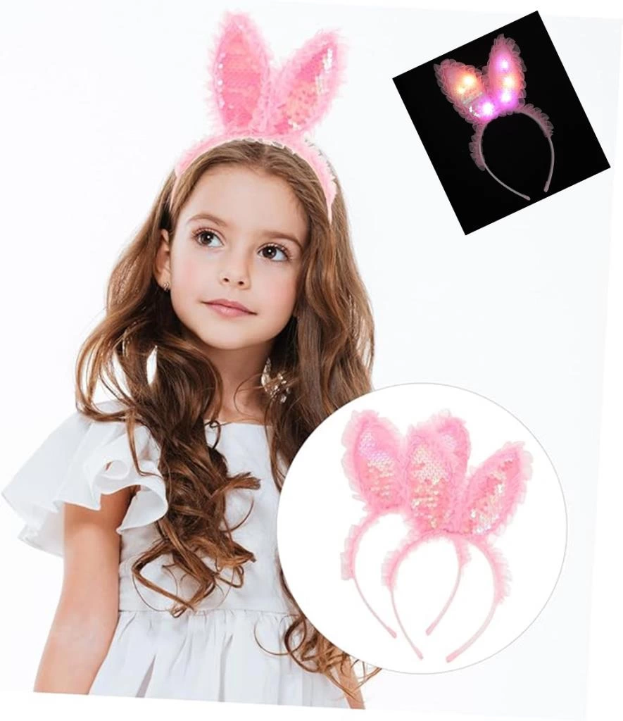 Çocuk Kenarları Dantelli Pembe Pullu Payetli Led Işıklı Tavşan Kulak Taç 23x19 cm - Görsel 5