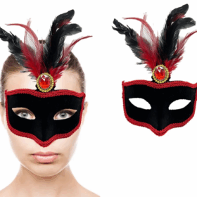 Çocuk   Kırmızı Dantelli Siyah Kırmızı Tüylü Siyah Süet Kaplama Parti Maskesi 17x25 cm