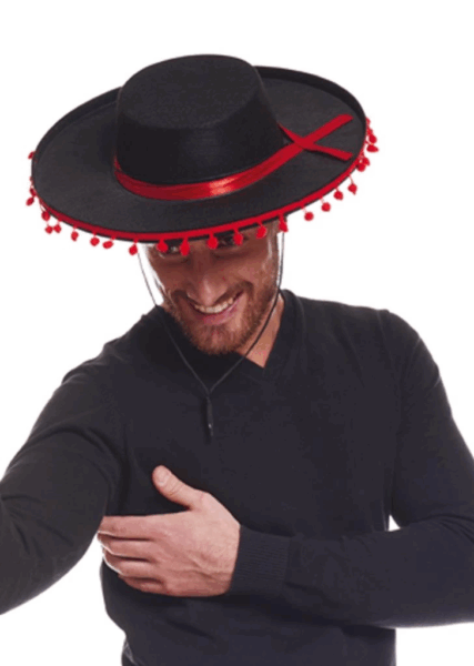 Kırmızı Ponponlu Siyah Yetişkin İspanyol Şapkası Şık ve Eğlenceli Tasarım