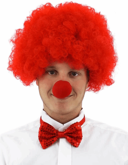 Çocuk Kırmızı Renk Kıvırcık Afro Bonus Peruk Takma Saç ve Kırmızı Burun Seti