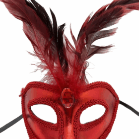 Çocuk   Kırmızı Renk Rugan Kaplama Kırmızı Tüylü Parti Maskesi 18x20 cm