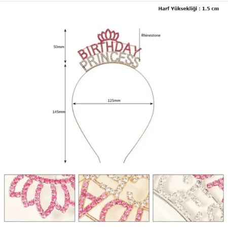 Kristal Taşlı Pembe Birthday Princess Yazılı Parti Tacı 19x11 cm Şık Tasarım