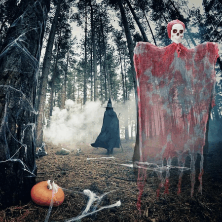 Çocuk Led Işıklı Kahkaha Atan Sesli Sensörlü Ürpertici Kuru Kafa Kanlı Korku Hayalet Saçaklı Dekor 90x50 cm