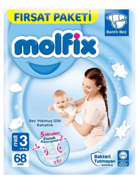Çocuk Molfix Bebek Bezi Fırsat Paketi 3 Beden 4-9 Kg 68 Adet