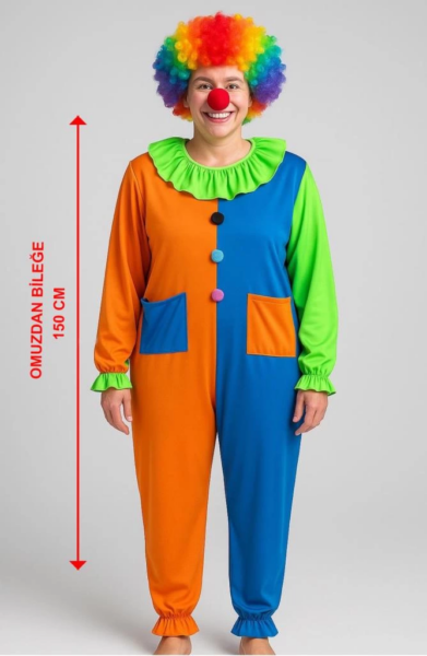 Eğitici Çocuk  Gelişim  Palyaço Kostüm Seti 150 cm (Peruk + Burun + Kostüm)