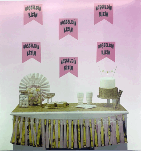 Çocuk Pembe Üzeri Gümüş Renk Hoşgeldin Kızım Bayrak Süs