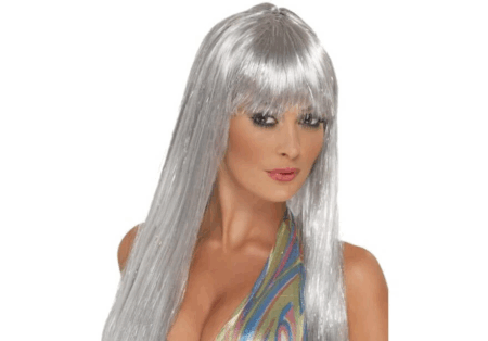 Çocuk Platin Gri Gümüş Renk Uzun Parti Peruğu Uzun Takma Peruk