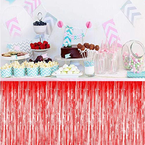 Püsküllü Işıltılı Metalize Kırmızı Renk Masa Eteği 70x300 cm - Görsel 2