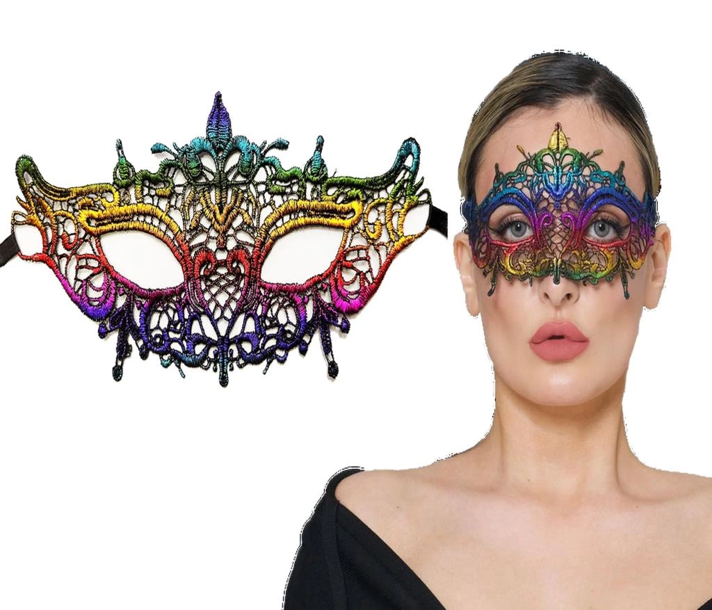 Çocuk Rengarenk Dantel Kesim Dantel İşlemeli Balo Parti Maskesi Gökkuşağı - Görsel 2